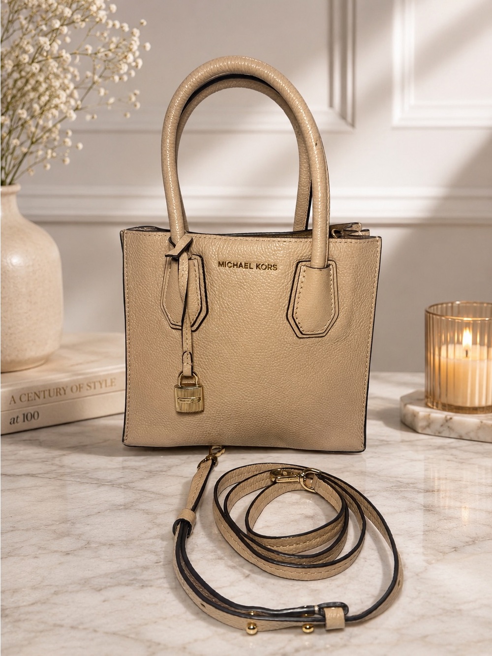 Michael Kors Mercer Small Pebbled Leather Satchel Crossbody Beige Gold